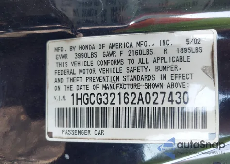 2002 Honda Accord 2.3 Se from USA, damaged, VIN 1HGCG32162A027430